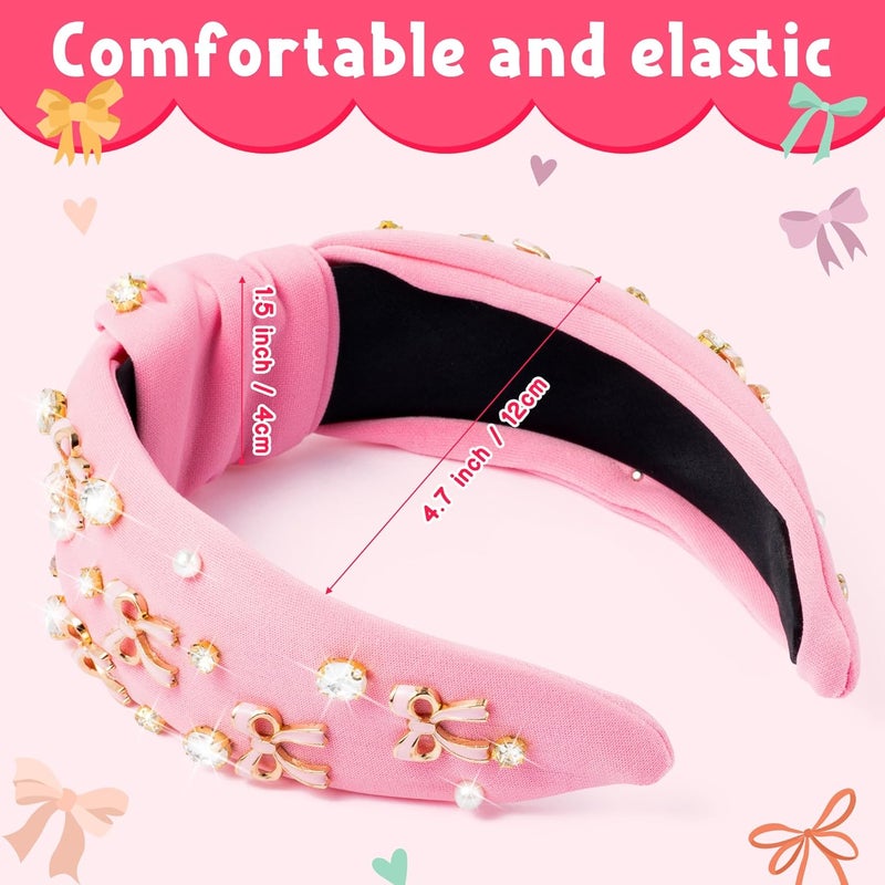 PANTIDE Coquette Pink Bow Jeweled Knotted Headband - Rhinestone Crystal Pearl Embellished Preppy Trendy Headband Wide Top Knot Non Slip Fashion Hairband Accessories Birthday Gift for Women Girl (Pink) - Image 2